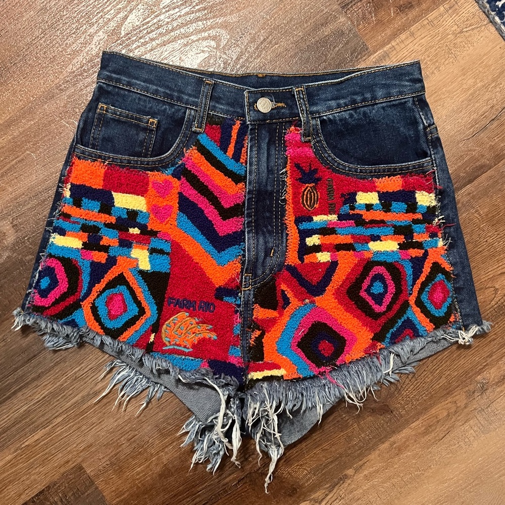 Farm Rio Embroidered Denim Shorts. Size XS.